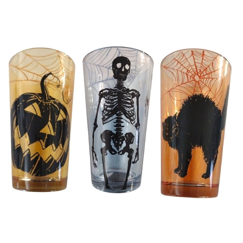 Halloween Town Spooky  Prints 6"h Colored Glass Tumblers‎ Set of 3 NWT